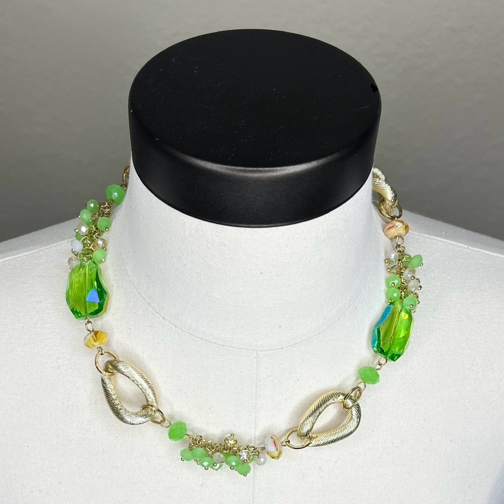 Vintage Gold Link Green Glass Necklace Jewelry Beads Cocktail Y2K Statement Rare - Picture 4 of 14